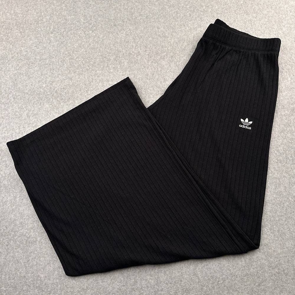 Adidas Essentials Wide Rib Pants Women XL Black High Rise Relaxed Stretch JD1499